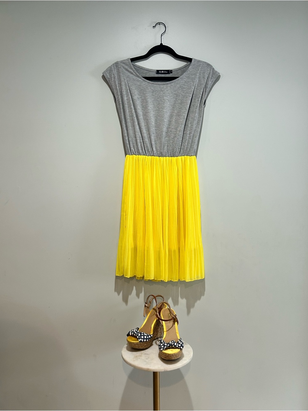 Pandora Grey Knit Bodice with Yellow Pleated Midi Dress